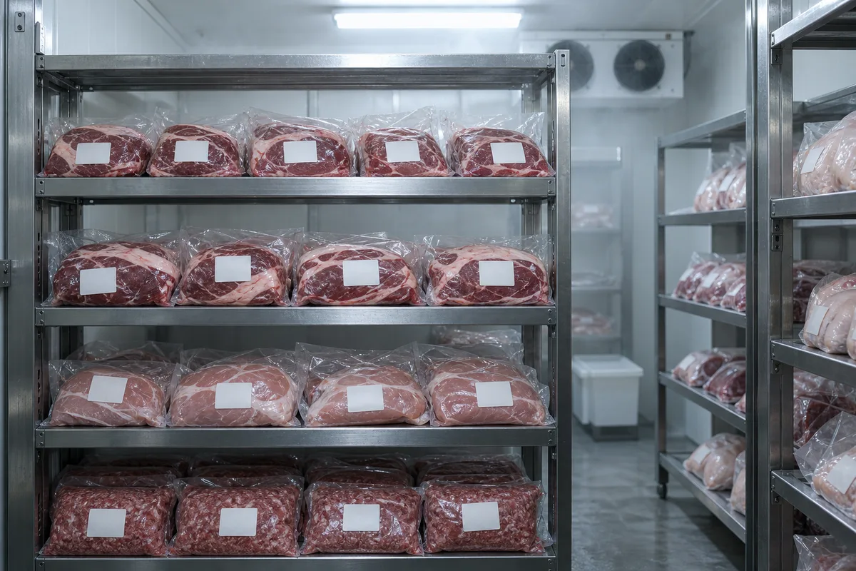 Colis de viande sous vide étiquetés et rangés sur les clayettes d’une chambre froide de boucherie