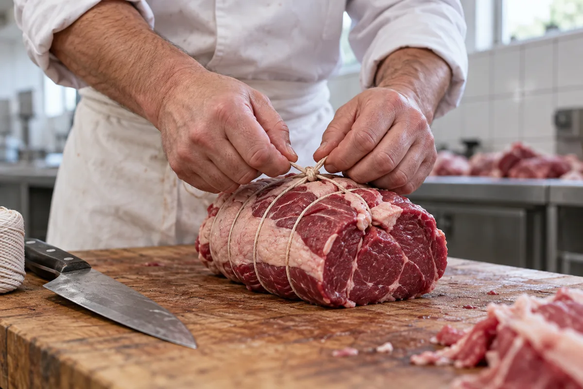 Mains d’un boucher ficelant un rôti sur un billot en bois dans un laboratoire lumineux