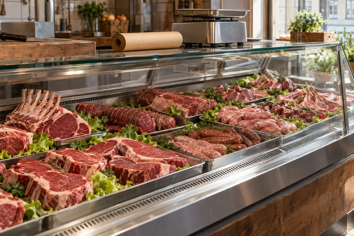 Étal de boucherie artisanale avec pièces de viande disposées et balance, lumière douce du matin
