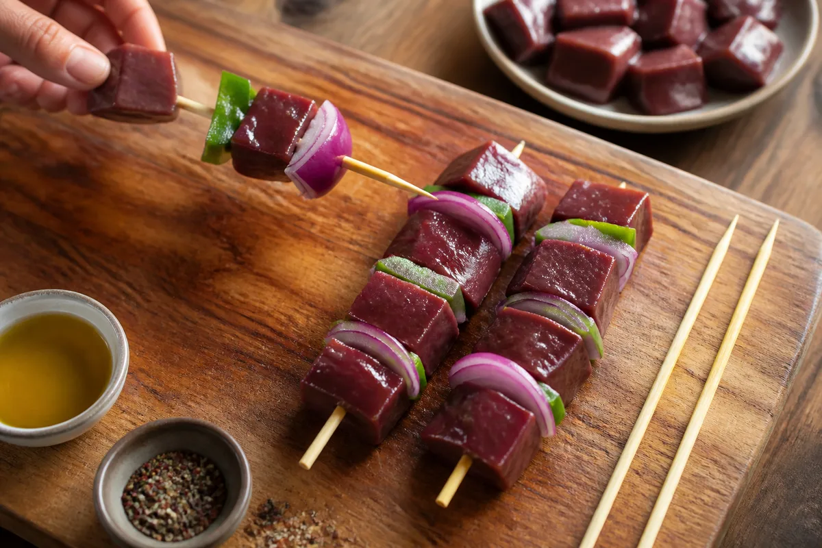 Brochettes de foie de veau montées avec oignon rouge et poivron sur une planche