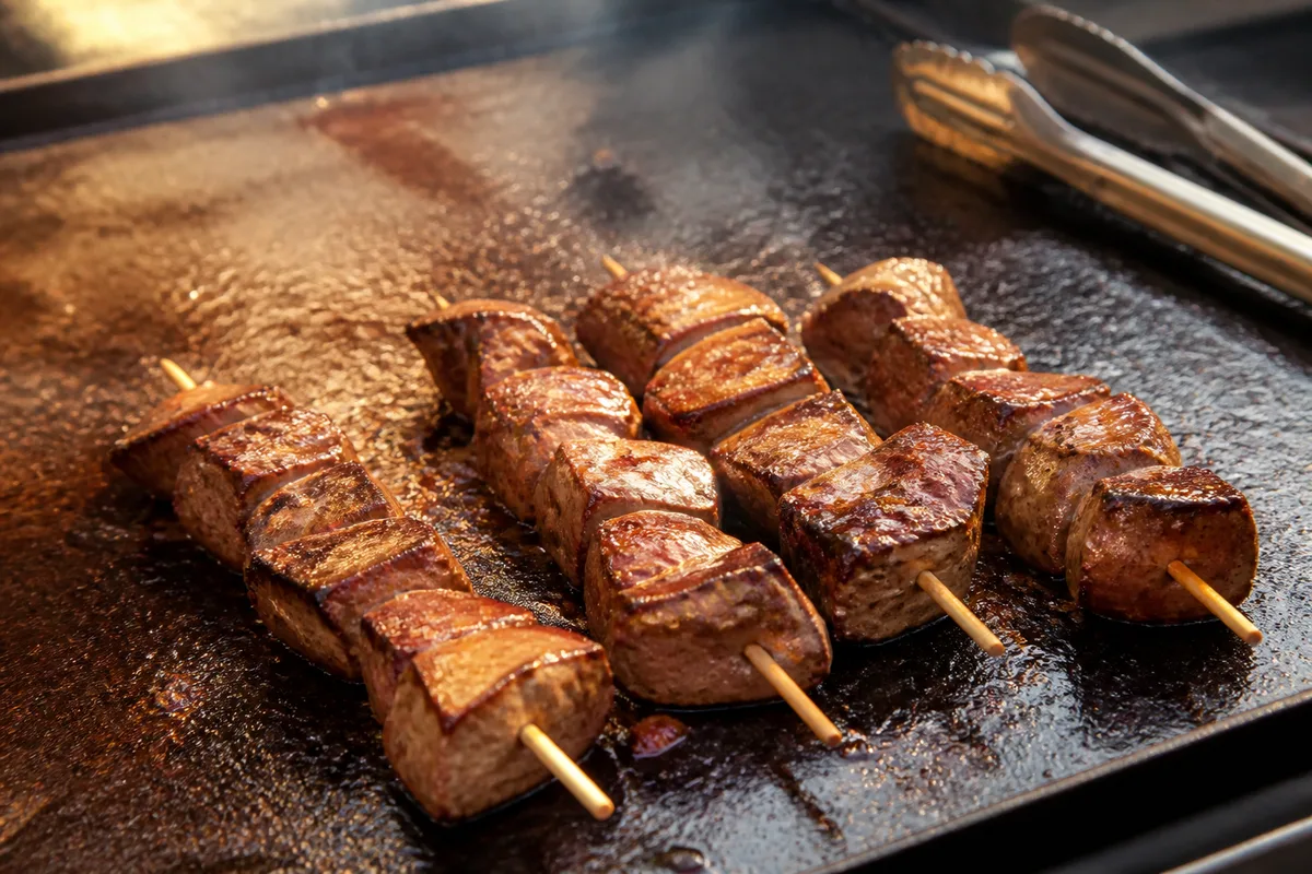 Brochettes de foie de veau saisies sur une plancha brûlante, coloration dorée