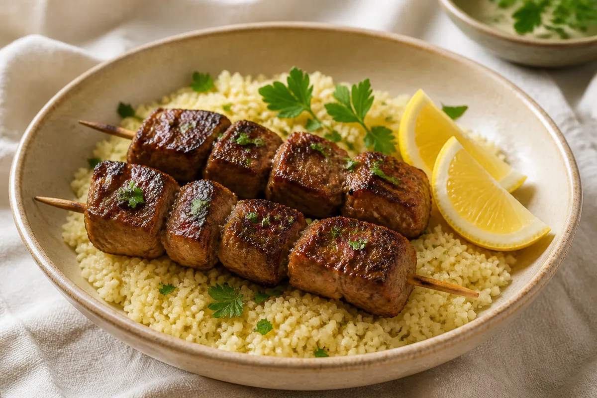 Assiette de brochettes de foie de veau servies avec semoule et quartiers de citron