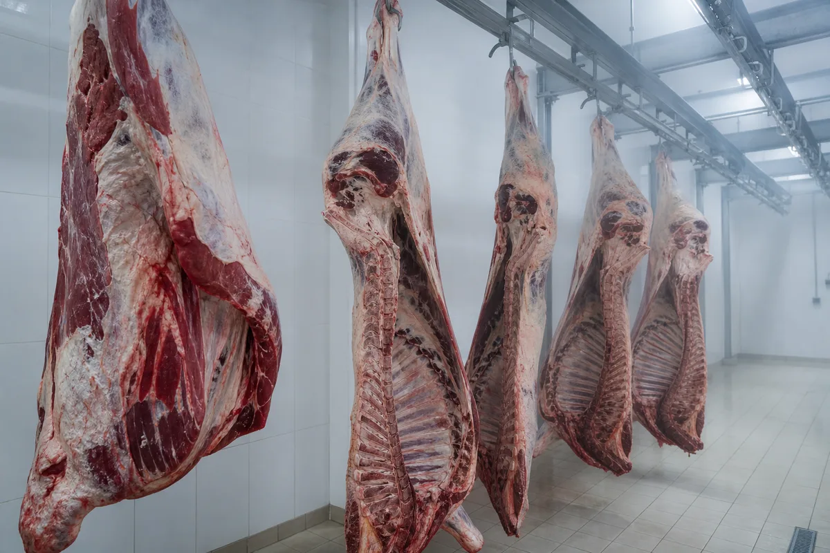 Carcasses de bœuf suspendues à des crochets dans une chambre froide positive de boucherie
