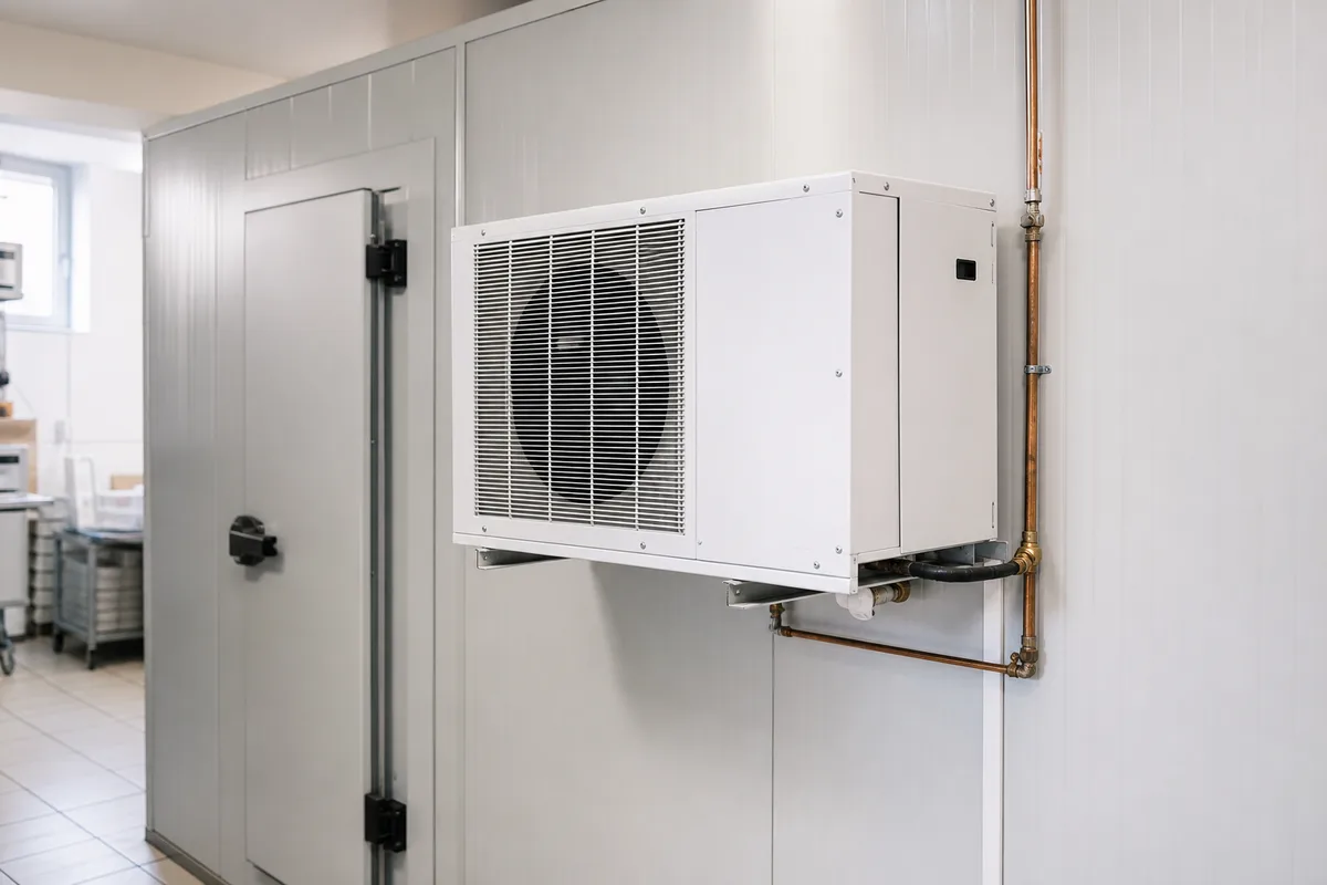 Groupe frigorifique monobloc installé sur la paroi d&rsquo;une chambre froide en panneaux isolants