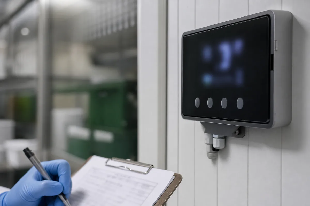 Thermomètre digital affichant une température proche de zéro degré sur la paroi d&rsquo;une chambre froide
