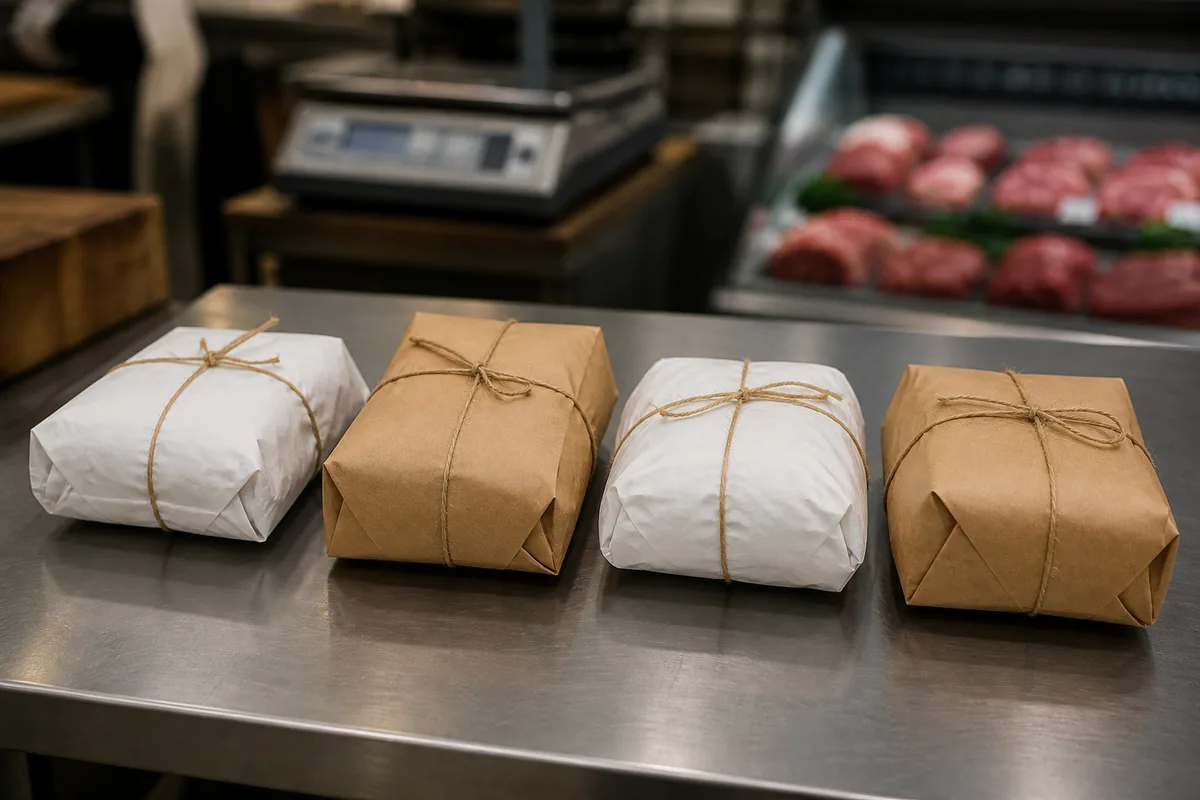 Comptoir de boucherie avec pièces de viande préparées et emballées, prêtes pour un retrait