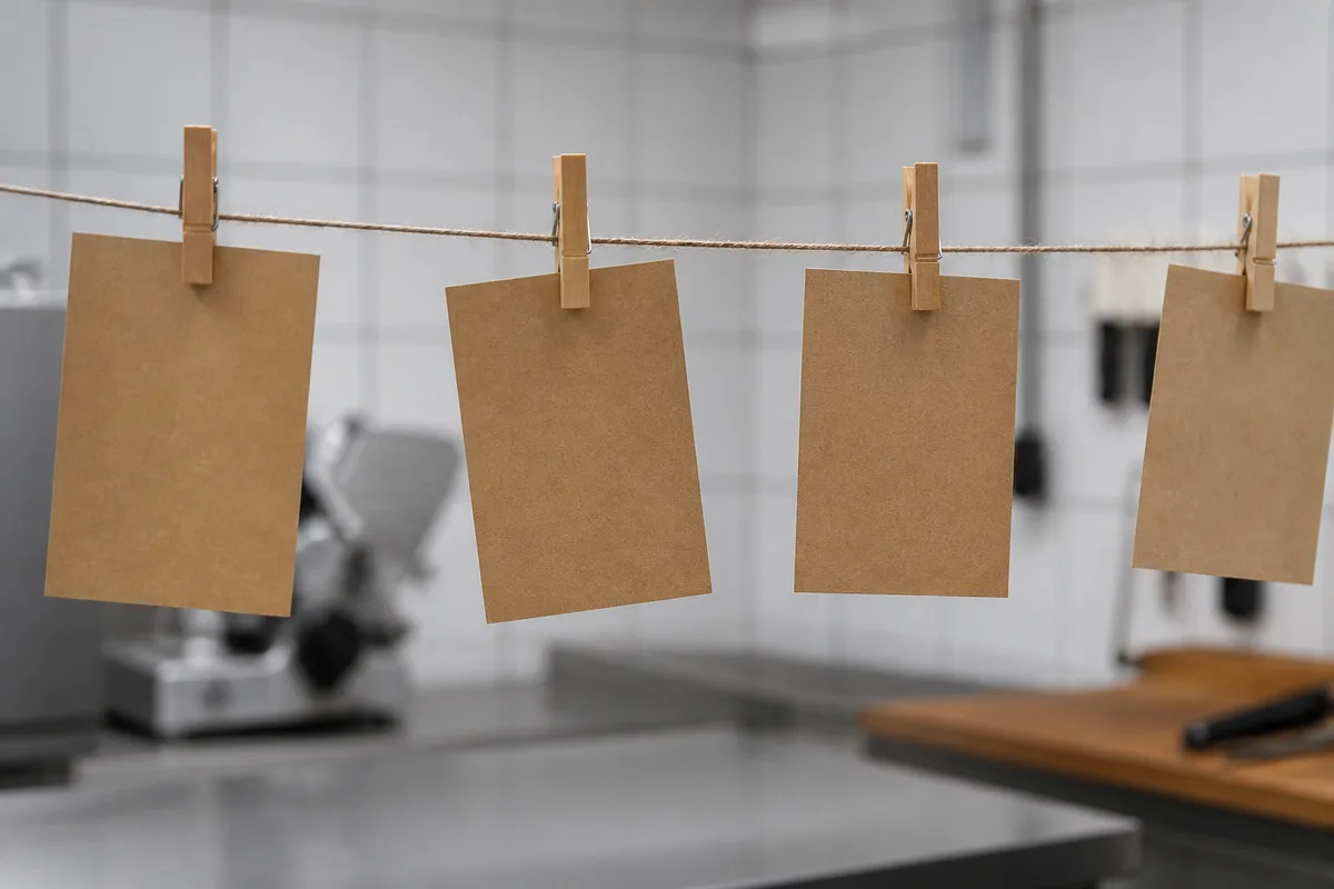 Fiches kraft vierges accrochées à un fil au-dessus d&rsquo;un plan de travail de laboratoire