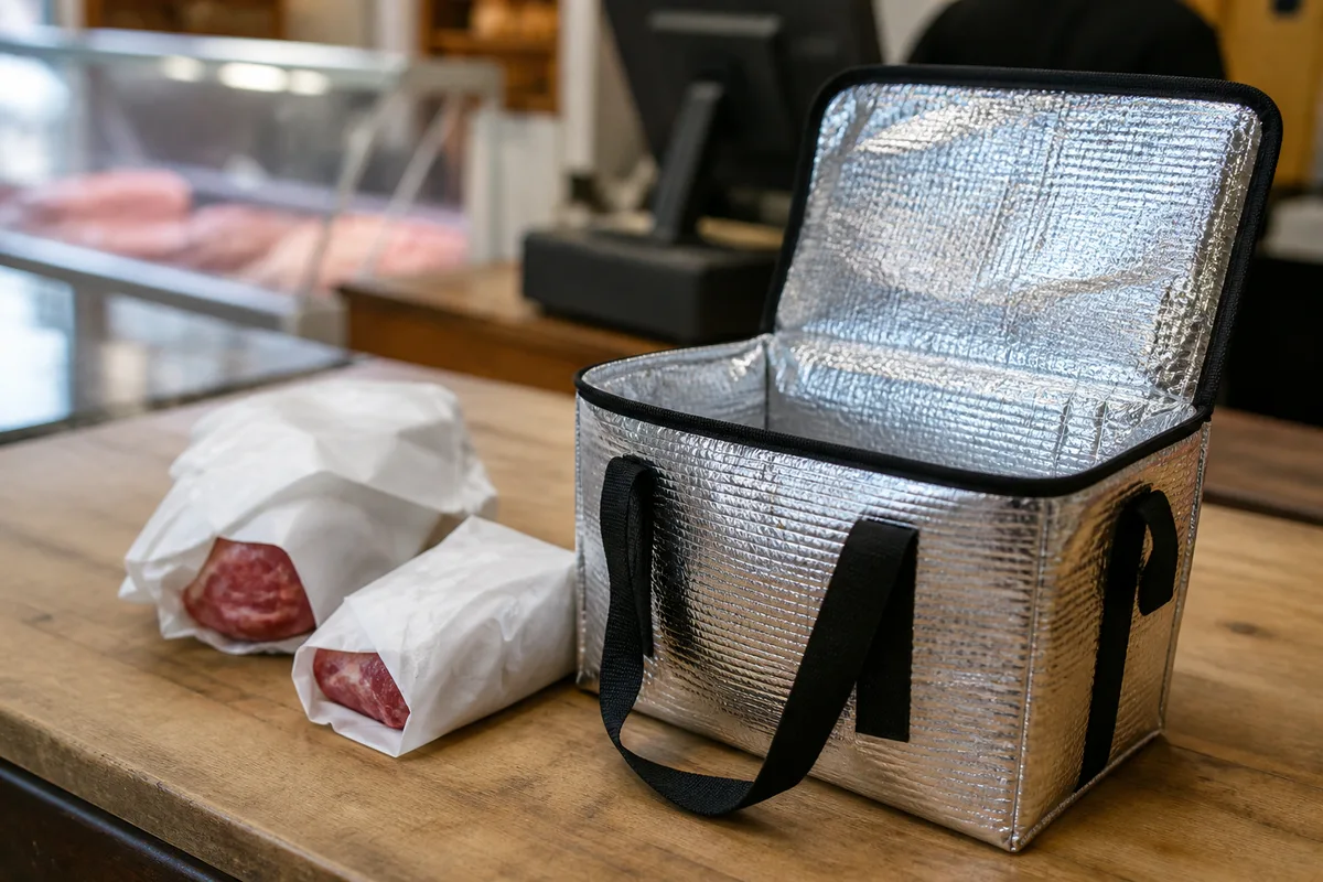Sac isotherme et paquets de viande emballés posés sur un comptoir près d&rsquo;une caisse