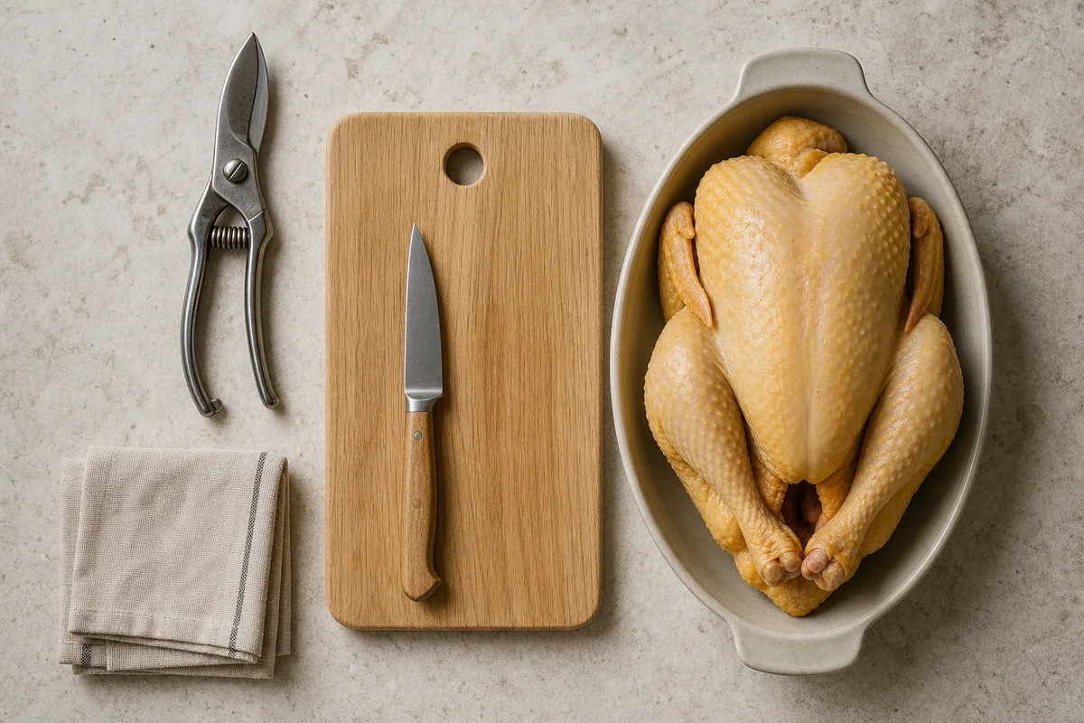 Couteau d&rsquo;office et sécateur à volaille posés sur une planche en bois avec un poulet fermier prêt à découper