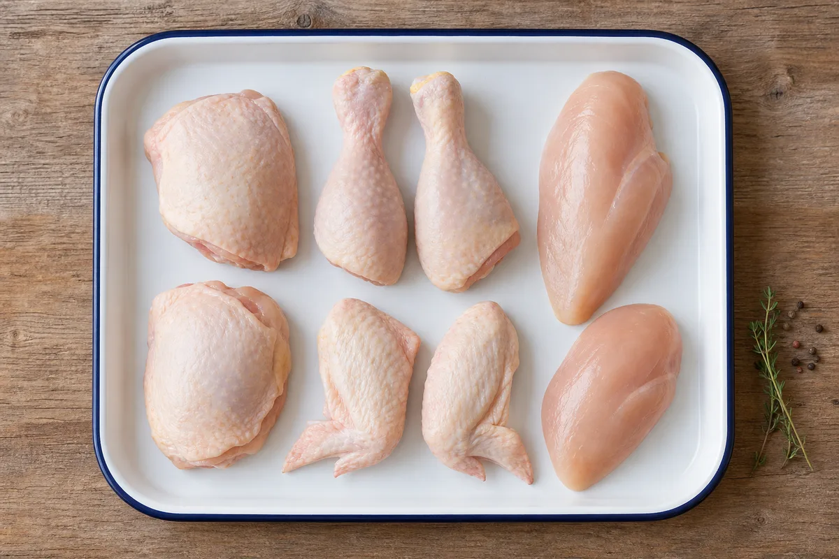 Poulet fermier découpé en huit morceaux disposés sur un plateau de boucher