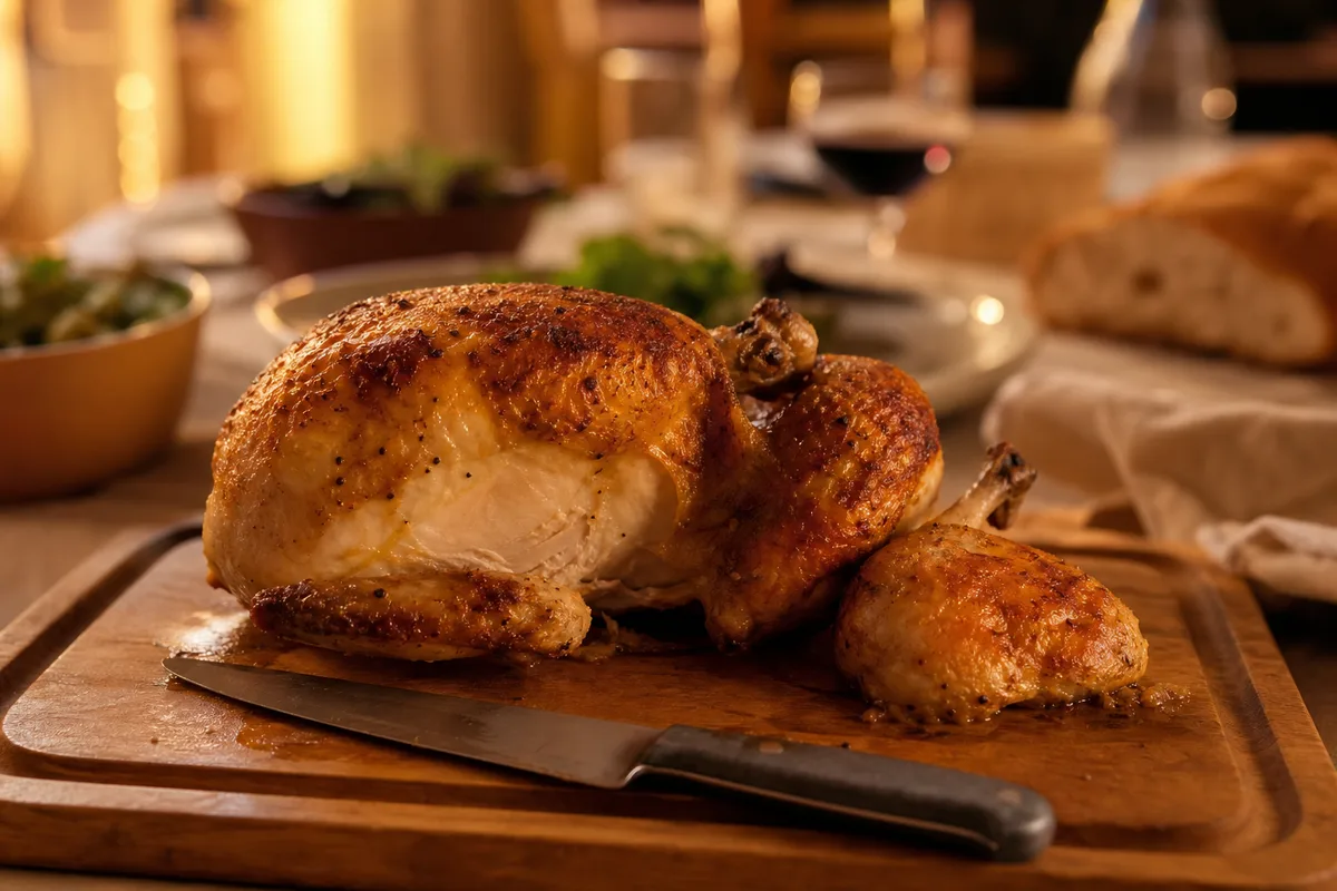Poulet rôti doré posé sur une planche à rigole, en cours de découpe à table