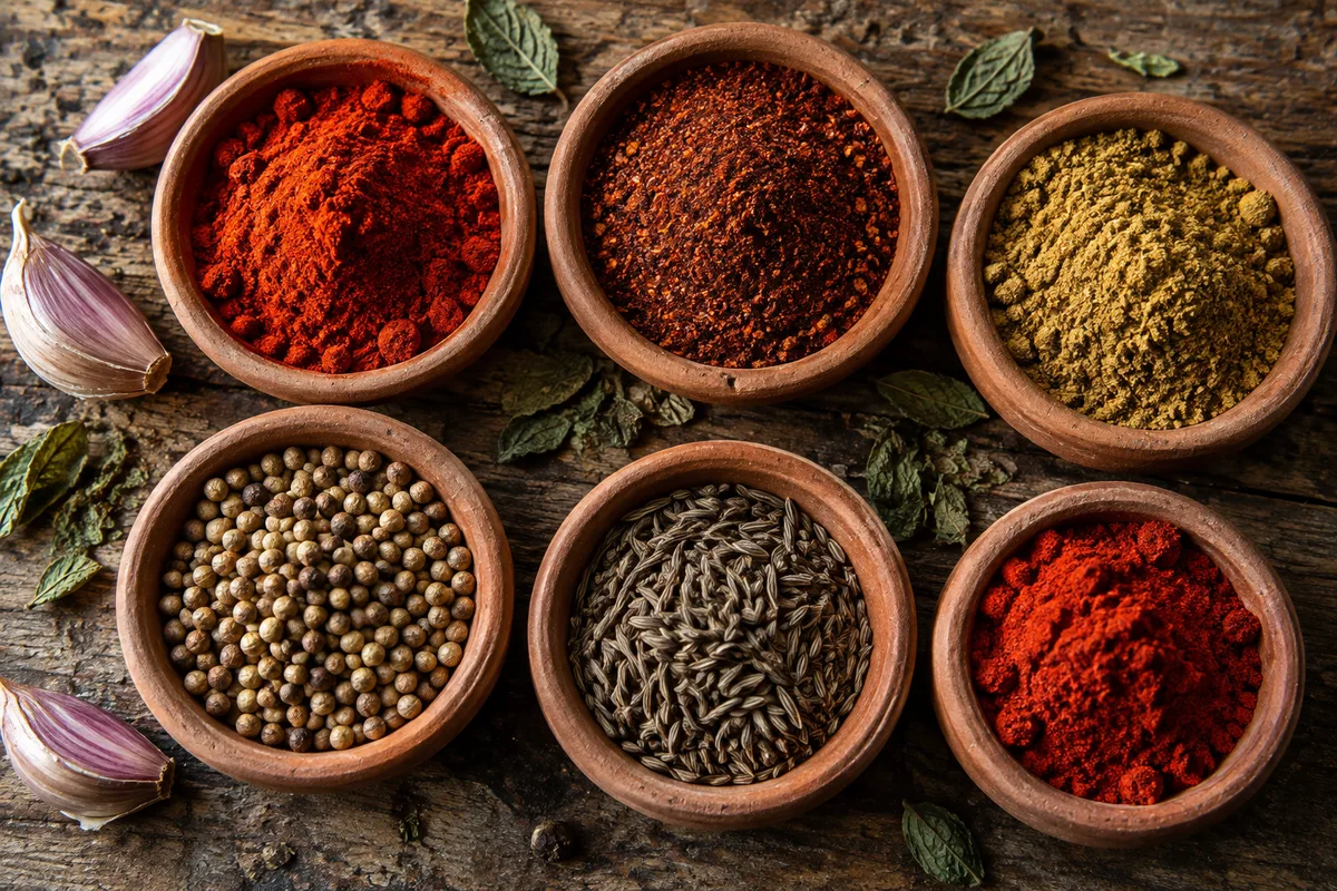 Assortiment d&rsquo;épices en poudre rouges et ocre dans des coupelles en terre cuite, sur un plan de travail en bois