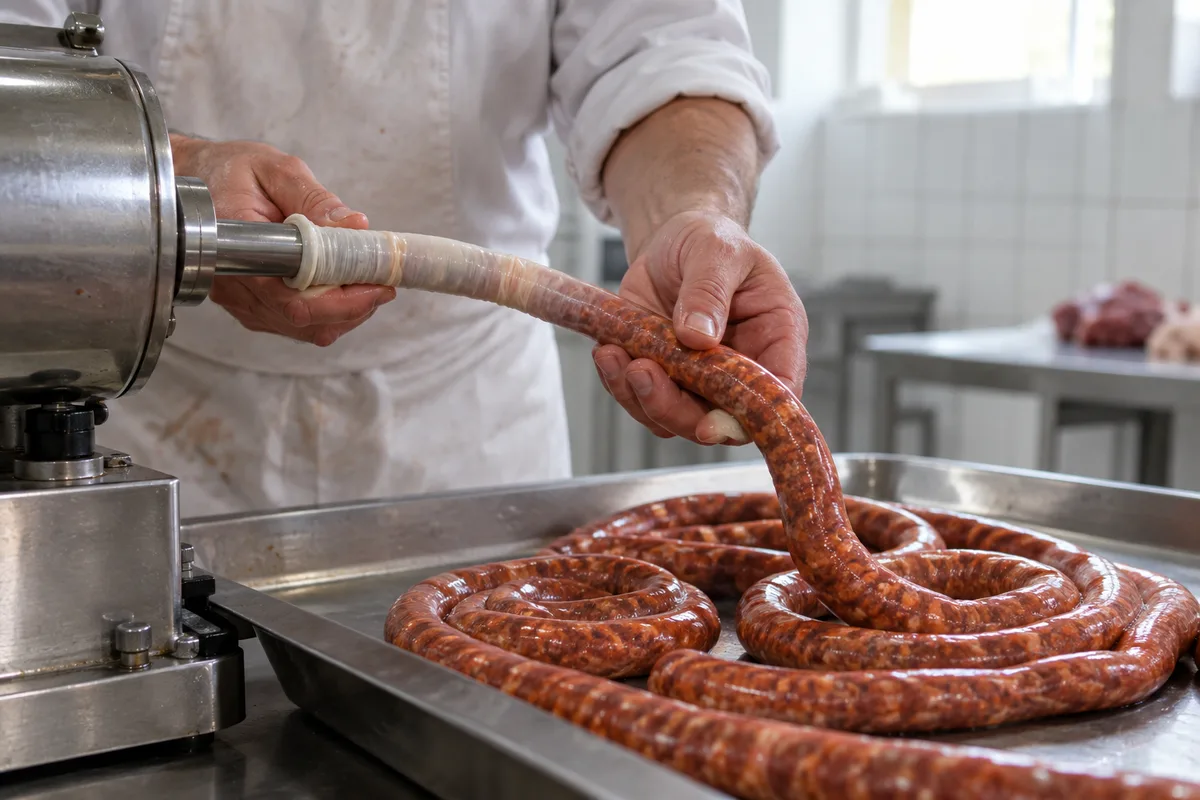 Mains de boucher embossant de la farce rouge dans un boyau fin sur un poussoir en inox