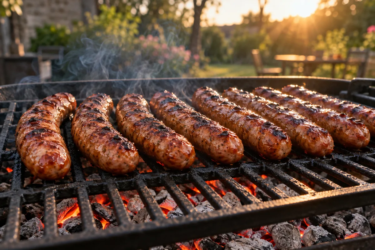 Merguez alignées sur la grille d&rsquo;un barbecue au-dessus de braises rouges, fine fumée