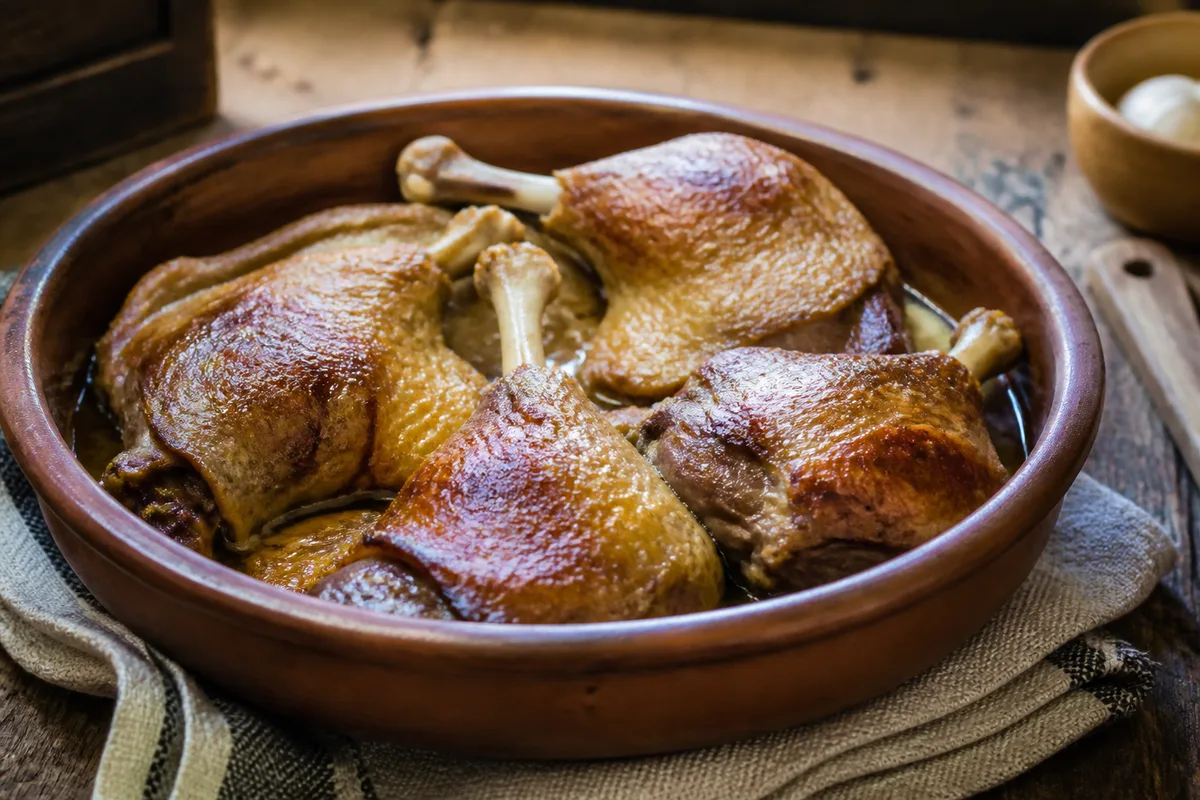 Cuisses de canard confites dorées disposées dans un plat en terre cuite avec leur graisse