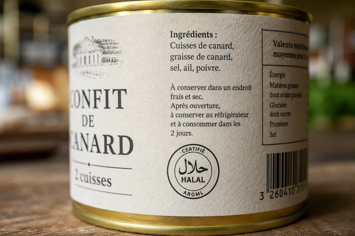 Étiquette de conserve de confit de canard lue de près, liste d’ingrédients et logo de certification visibles
