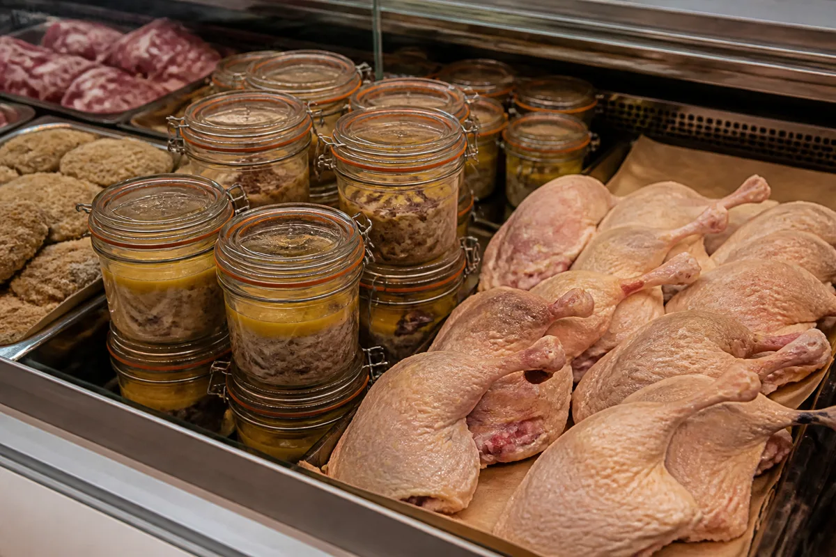 Comptoir de boucherie halal présentant des bocaux de confit et des cuisses de canard fraîches