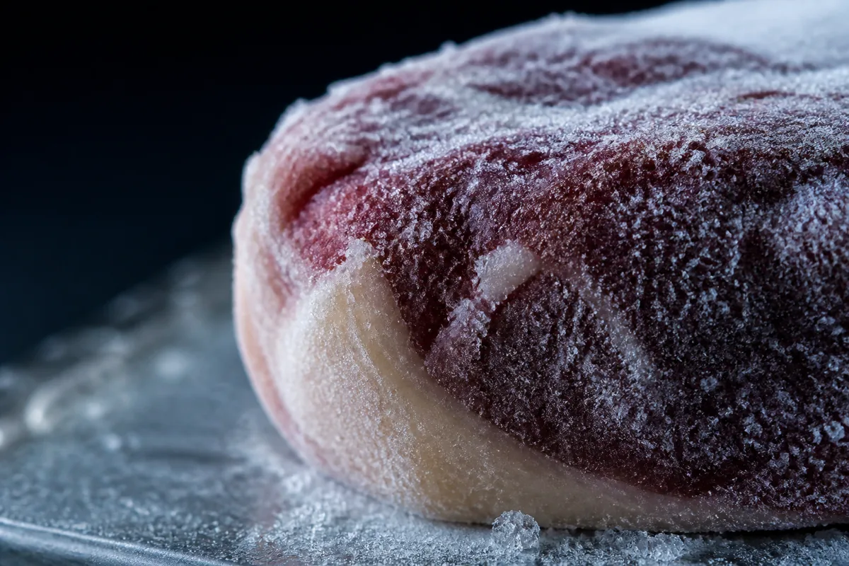 Cristaux de glace formés sur une pièce de viande rouge posée sur un plateau métallique givré