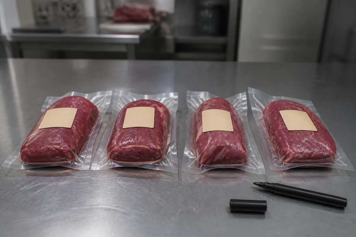 Morceaux de viande emballés sous vide et étiquetés à la main, alignés sur un plan de travail en inox