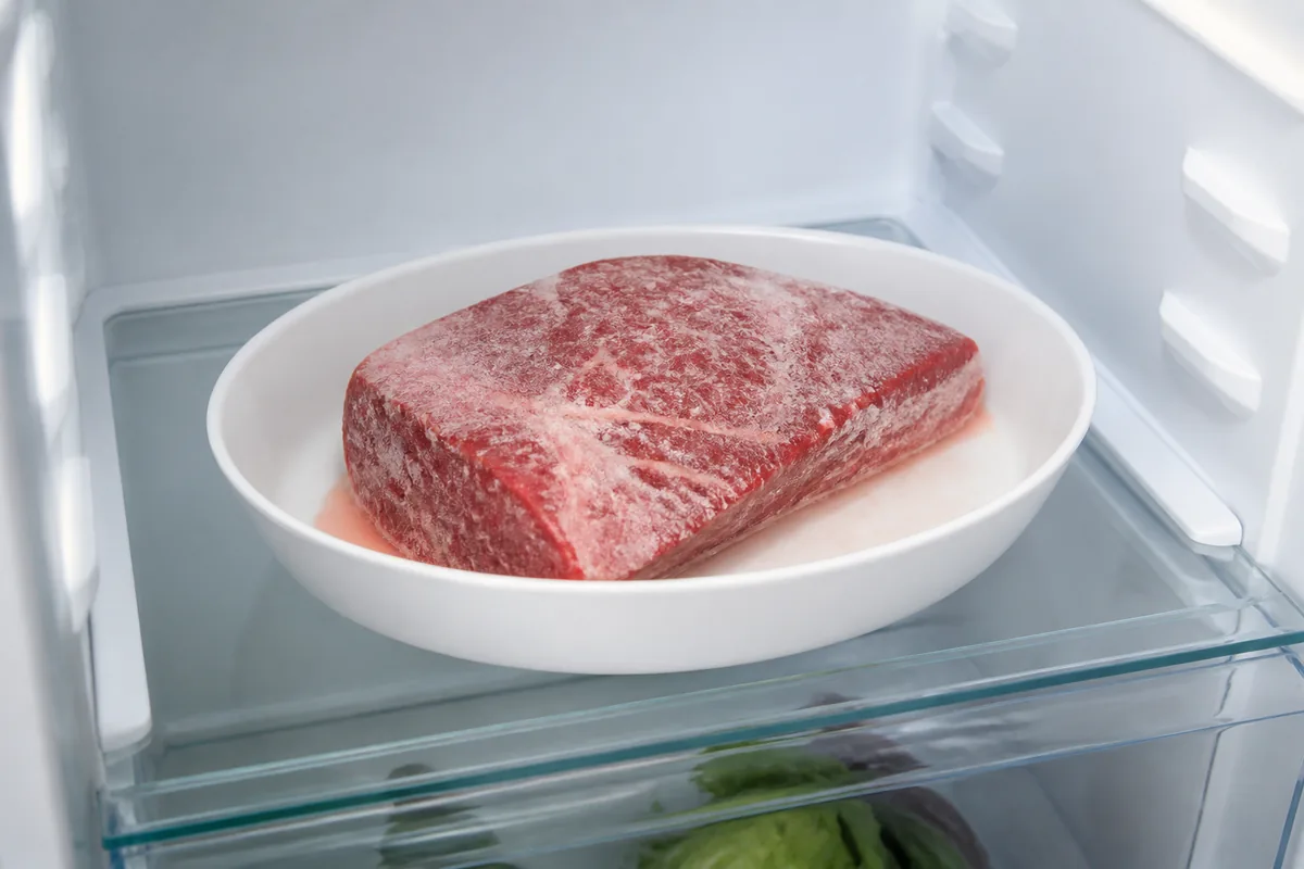 Pièce de viande en décongélation dans un plat creux posé sur la clayette basse d’un réfrigérateur