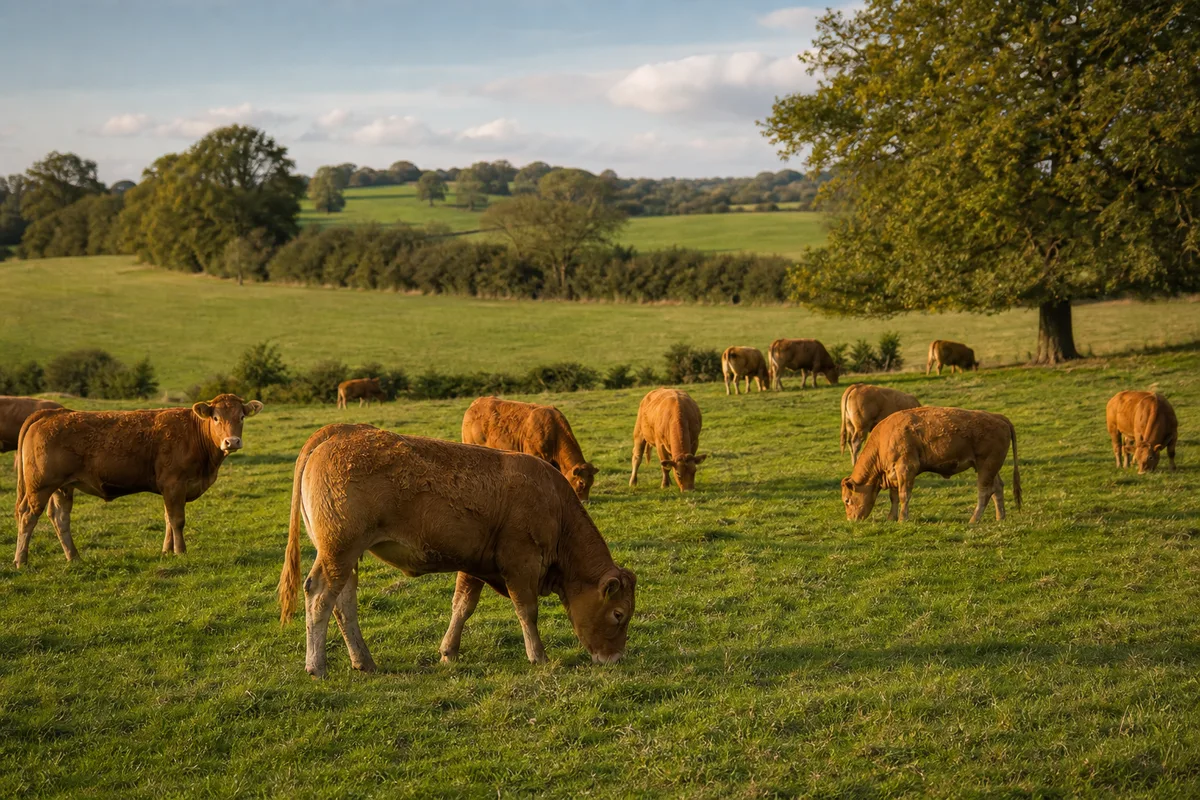 Troupeau de vaches limousines au pâturage dans un bocage français