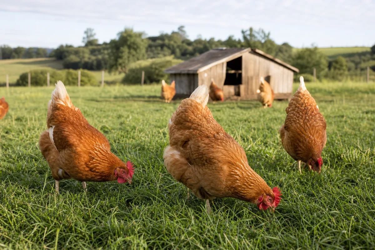 Poulets fermiers à plumage roux en liberté sur un parcours herbeux