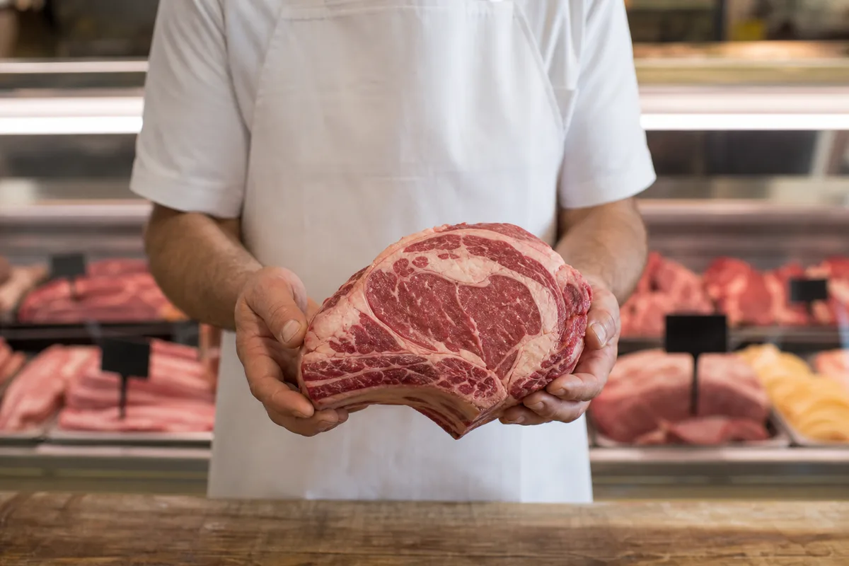 Boucher présentant une côte de bœuf persillée au-dessus d&rsquo;un étal de boucherie artisanale