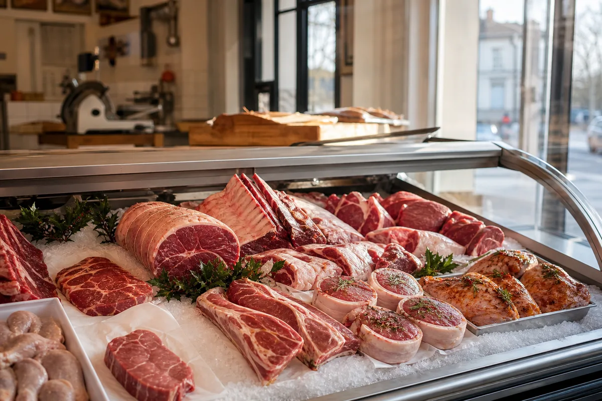 Étal de boucherie artisanale avec pièces de viande exposées le matin