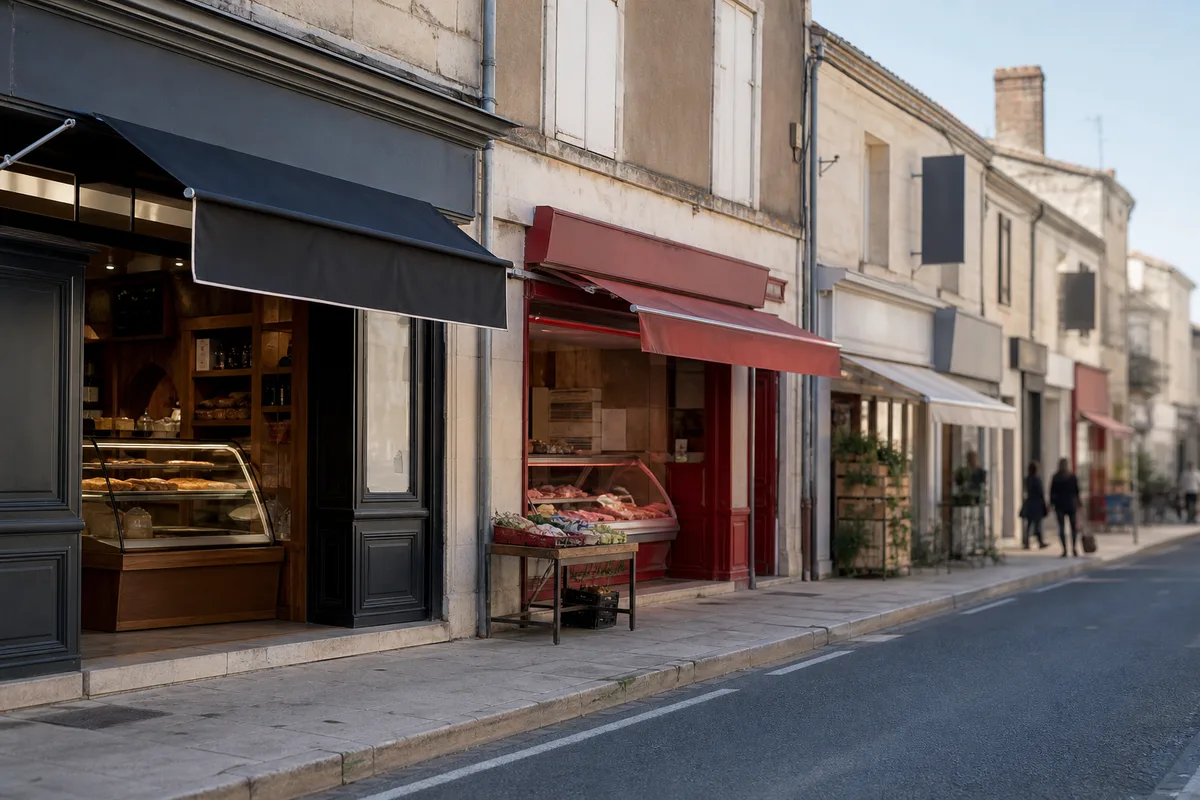 Devanture d&rsquo;une petite ville de la banlieue bordelaise avec commerces de proximité