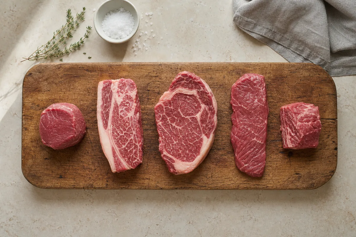 Pièces de bœuf portionnées alignées sur une planche en bois dans une cuisine française