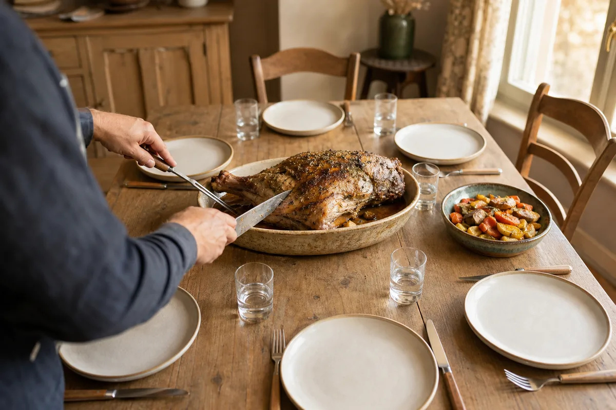 Gigot d&rsquo;agneau rôti sur un plat en céramique posé sur une table dressée pour six convives