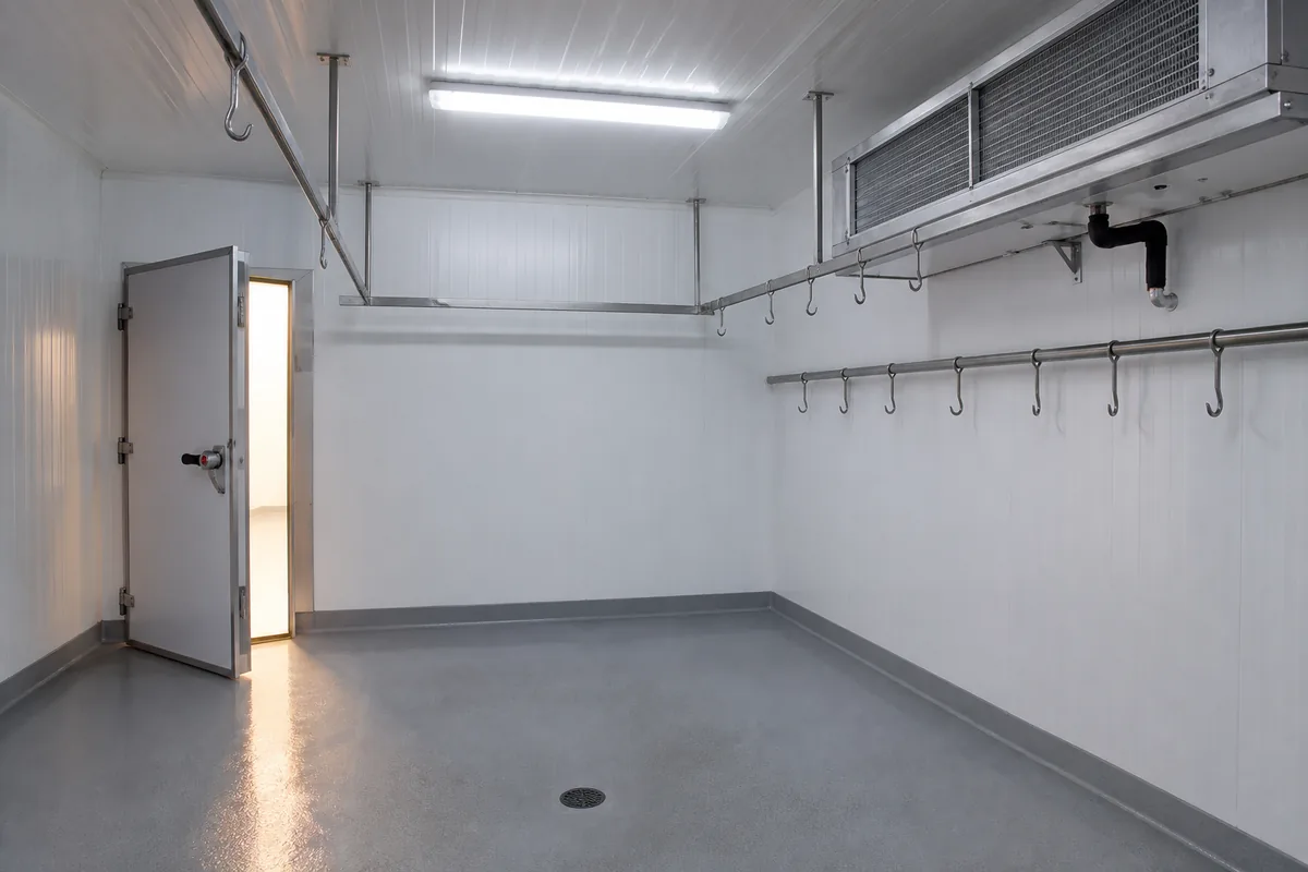 Chambre froide vide de boucherie, panneaux isothermes clairs et évaporateur en plafond