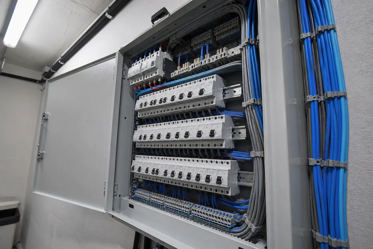 Tableau électrique ouvert dans un local technique, rangées de disjoncteurs et faisceaux de câbles