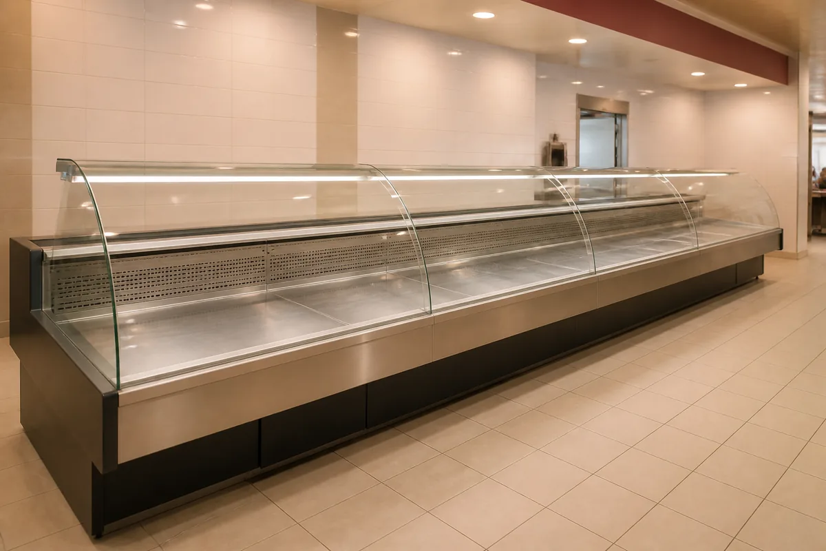 Vitrine réfrigérée vide d&rsquo;un magasin de boucherie, comptoir en inox et carrelage clair